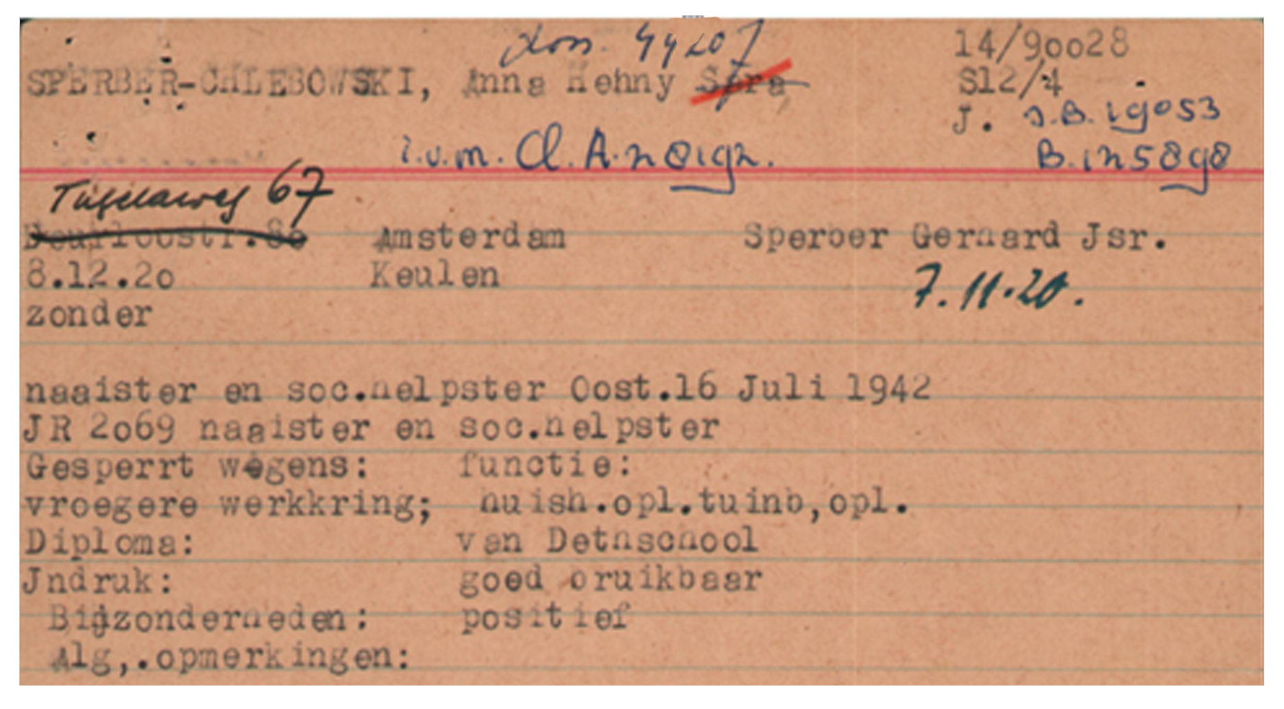 Anna Chlebowski Karte Joodsche Raad Amsterdam