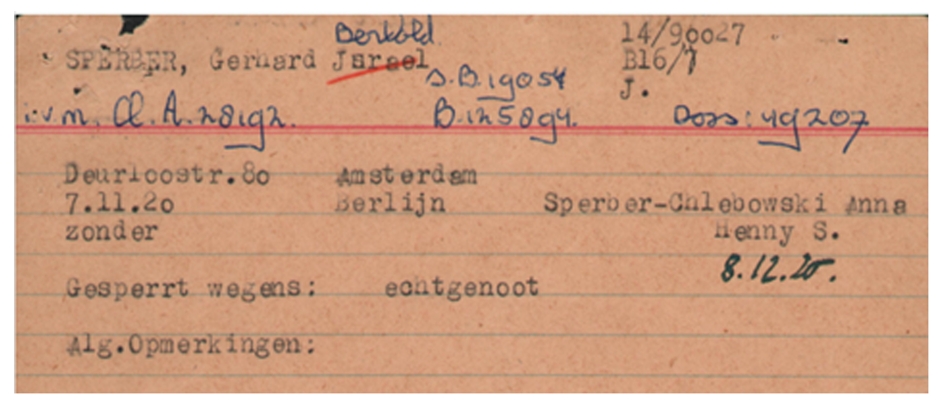 Gerhard Sperber Karte Joodsche Raad Amsterdam