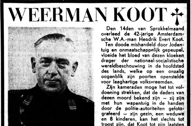 Evert Koot war Mitglied der Nationalsozialistischen Bewegung (NSB) und aktiv in der Wehrabteilung (WA), dem paramilitärischen Flügel der NSB.